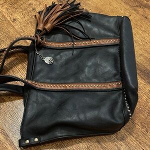 Black Leather Tote with Brown Trim and Tassel Charm